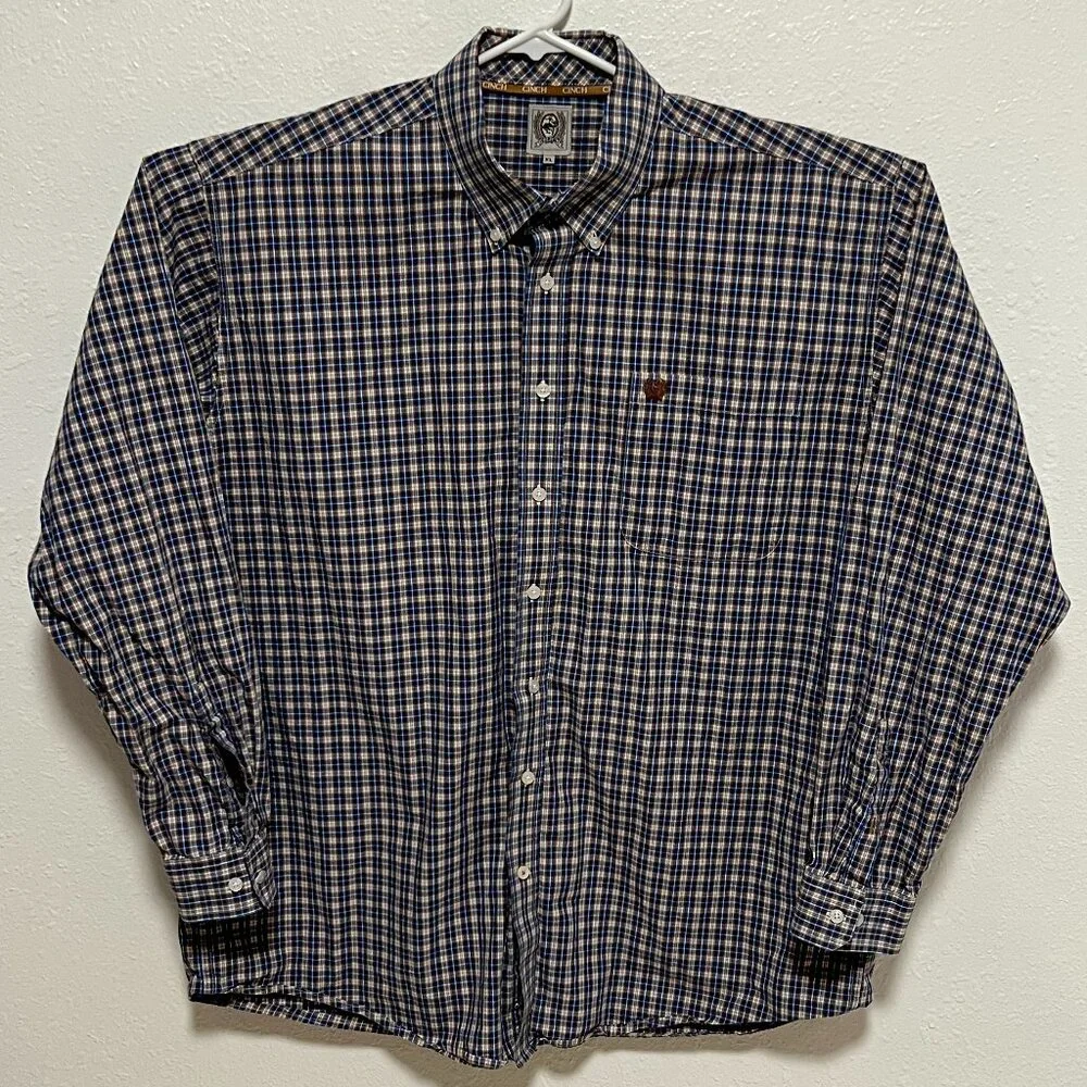 Cinch Shirt Long Sleeve Casual Button Down Western Plaid Blue Men's size XL - Picture 2 of 7